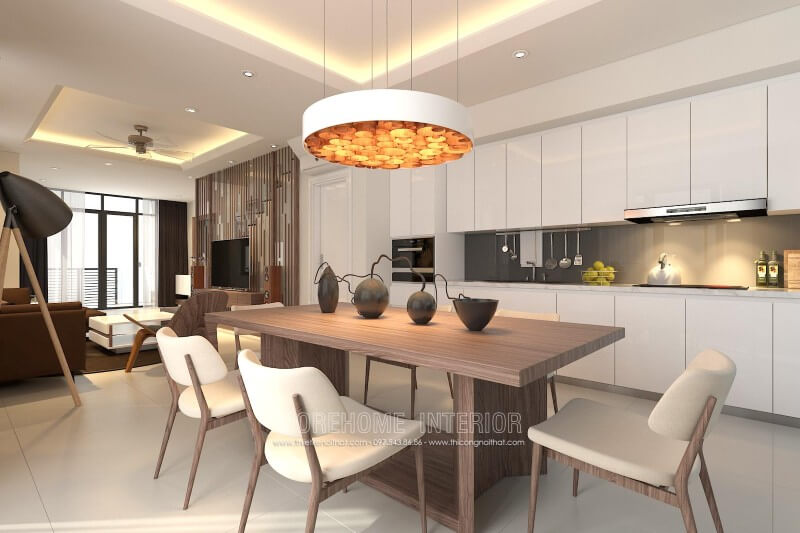 Mẫu tủ bếp gỗ An cường màu trắng thanh thoát và tinh tế, kính ốp bếp màu xám đậm được KTS lựa chọn vừa tạo điểm nhấn bắt mắt, vừa giúp cho khu vực nấu nướng sạch sẽ, vệ sinh dễ dàng hơn Tủ bếp gỗ công nghiệp và tủ bếp acrylic