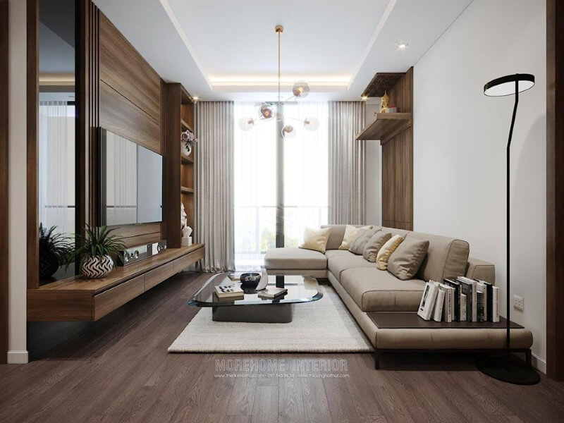 Phòng khách chung cư thiết kế đẹp mắt với đồ nội thất gỗ công nghiệp Mẫu nội thất chung cư hiện đại đẹp