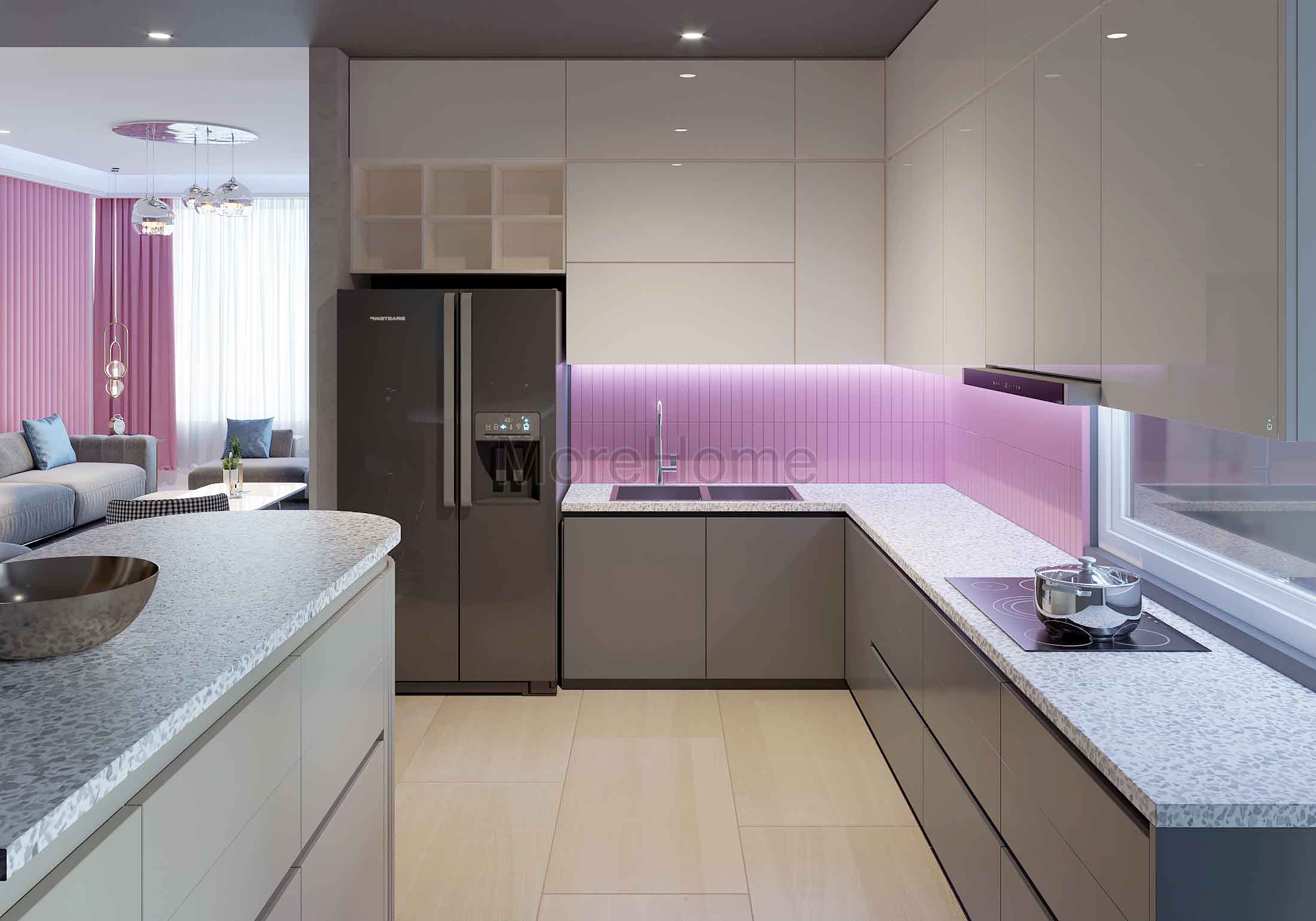 Mẫu tủ bếp gỗ màu ghi xám, mặt bếp ốp đá cao cấp tạo nên không gian bếp sạch sẽ và thoáng rộng Tủ bếp đẹp, sang trọng và đẳng cấp