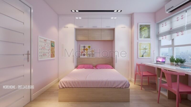 Tủ quần áo được thiết kế theo kiểu dáng chữ u lắp ngược giúp cho gia chủ có thể tận dụng sắp xếp không gian giúp cho căn phòng thêm hài hòa và hợp lí hơn Thiết kế chung cư