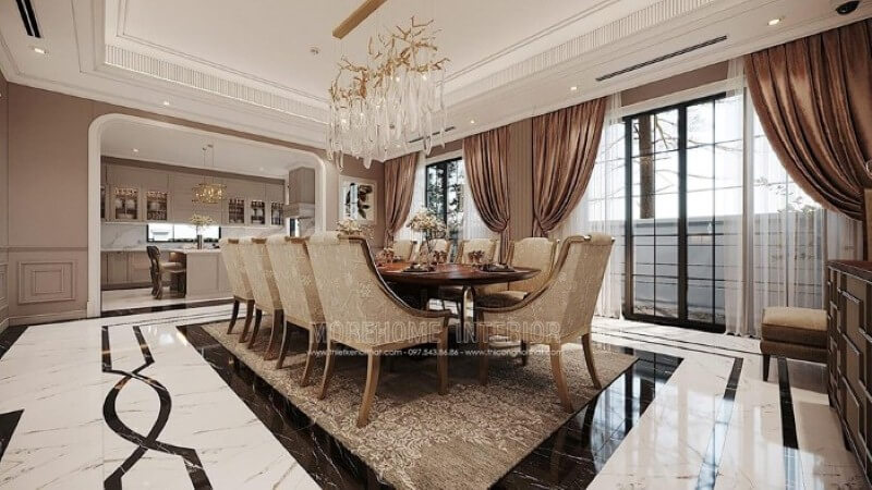 Trang trí nội thất phòng ăn liền bếp phong cách đương đại đẹp, sang trọng. Thiết kế phòng ăn biệt thự