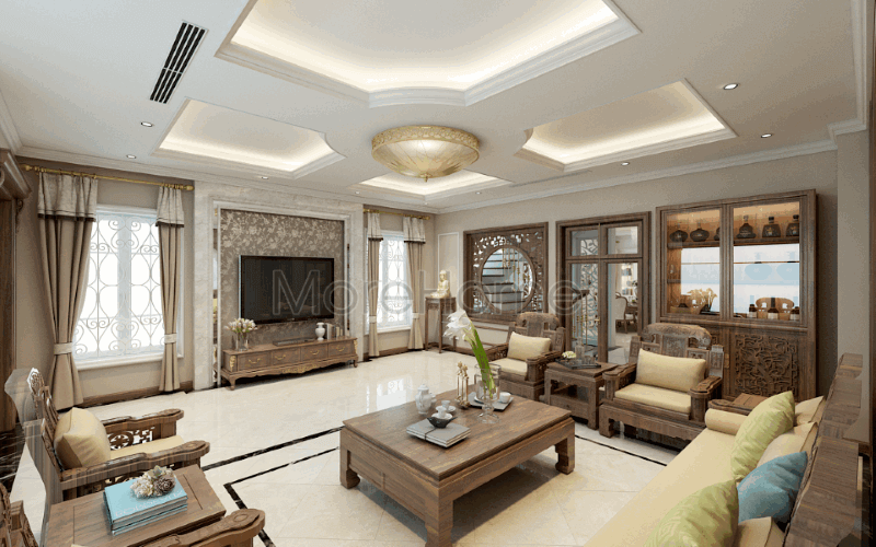 Thiết kế nội thất phòng khách phong cách Á Đông sang trọng, đẳng cấp tại biệt thự Riverside Nguyễn Duy Trinh, Quận 2, Tp. Hồ Chí Minh. Thiết kế nội thất phòng khách biệt thự