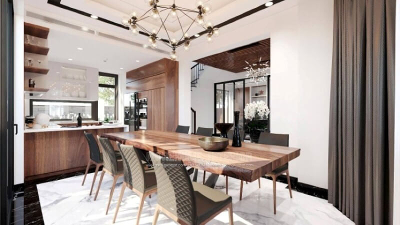 Sẽ là một gợi ý tuyệt vời với sự hiện hữu tủ bếp gỗ óc chó veneer nâu trầm kết hợp gam màu trắng sáng, long lanh từ tủ bếp trên gỗ công nghiệp An Cường acrylic và mặt bàn bếp đá nhân tạo LG. Sự tương phản giữa 2 sắc màu sẽ là ý tưởng tuyệt vời cho thiết kế nội thất phòng bếp hiện đại cho không gian nhà phố, biệt thự. Mẫu tủ bếp biệt thự acrylic