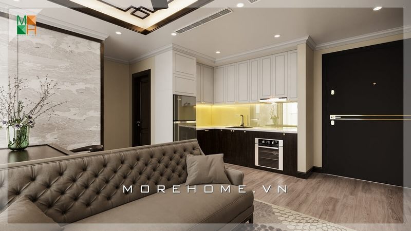 Thiết kế nội thất phòng bếp gỗ tự nhiên cao cấp theo phong cách tân cổ điển sang trọng cho nhà chung cư