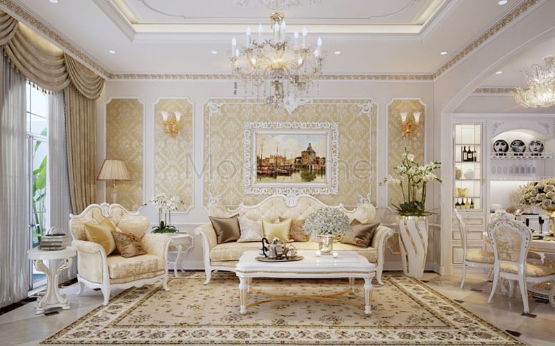 Bố trí nội thất phòng khách theo phong cách tân cổ điển tạo nên một không gian ngôi nhà hết sức tinh tế và không kém phần sang trọng