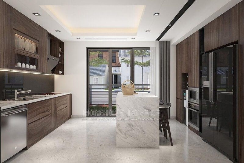 Trang trí phòng bếp ấn tượng với hệ cửa lớn giúp không gian trở nên thông thoáng.