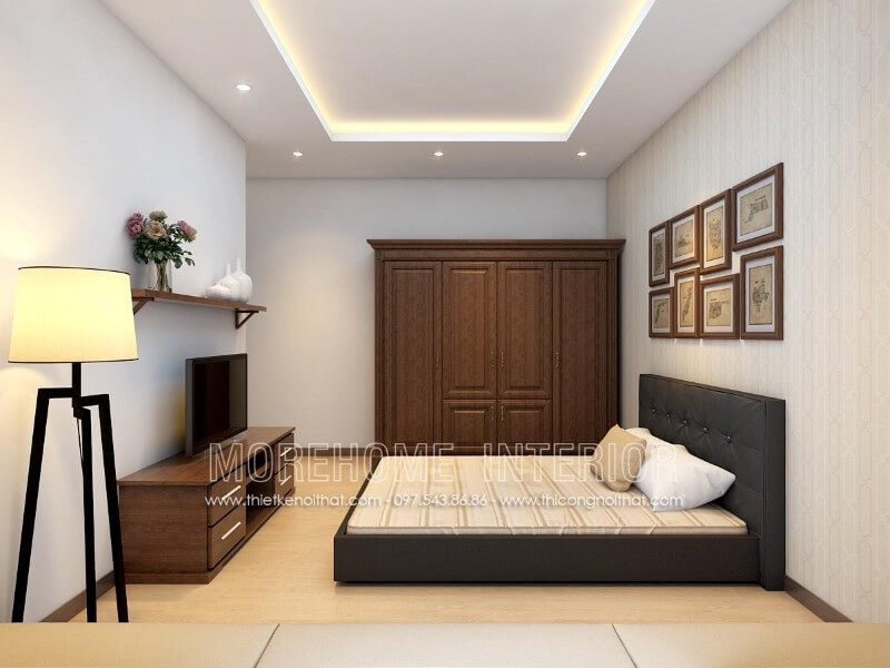Giường ngủ gỗ An Cường bọc da toàn bộ, tone màu đen được KTS lựa chọn vừa mang lại cảm giác huyền bí, sang trọng, vừa tạo sự thoải mái cho người sử dụng, đặc biệt là phòng ngủ của ông bà