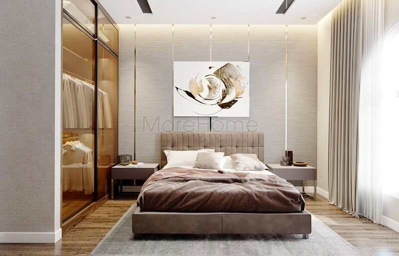 Mẫu thiết kế phòng ngủ đẹp với đồ nội thất hiện đại: Giường ngủ, tủ quần áo âm tường, tap đầu giường kết hợp giấy dán tường và tranh trang trí đẹp mắt.