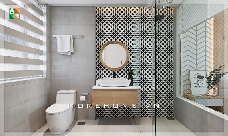Ấn tượng với gạch ốp tường nhà tắm, nhà vệ sinh họa tiết caro đen trắng rất độc đáo.