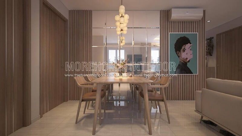 Khu vực ăn uống được thiết kế nhỏ gọn phù hợp với diện tích chung cư, nhưng vẫn rất tiện nghi và ấm áp