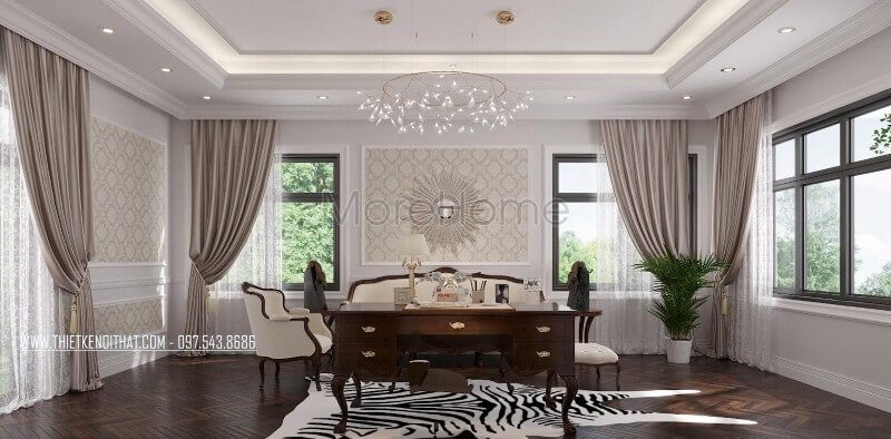 Bàn làm việc tân cổ điển với tone màu nâu trầm, tường đường nét họa tiết chạm khắc tỉ mỉ mang lại sự sang trọng và thoải mái cho người sử dụng