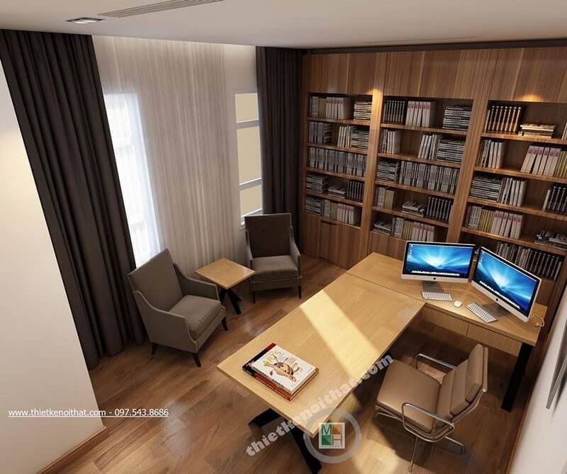 Thiết kế phòng làm việc tại nhà với nội thất gỗ công nghiệp hiện đại, độc đáo