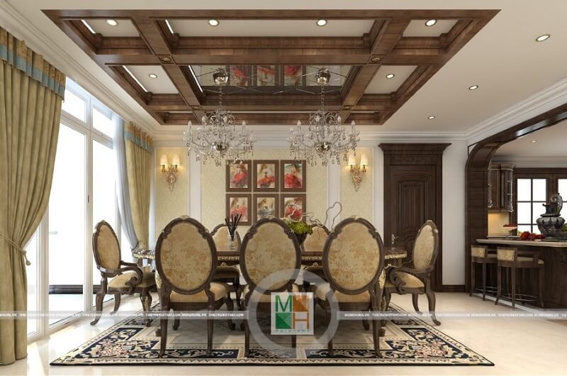 Bộ bàn ghế ăn gỗ tự nhiên cao cấpvới kiểu dáng tân cổ điển màu vàng ánh kim lôi cuốn