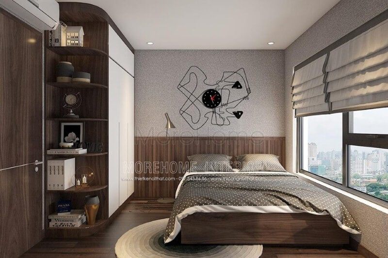 Ốp tường vân gỗ óc chó làm nên một phong cách độc đáo cho phòng ngủ hiện đại.