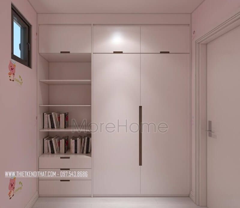 Tủ quần áo gỗ công nghiệp hiện đại kết hợp với một kệ để sách đẹp mắt để trang trí phòng ngủ của con gái.