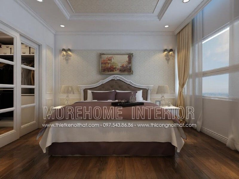 Giường ngủ tân cổ điển được thiết kế với phần khung gỗ tần bì nhập khẩu phun sơn trắng Alkana cao cấp và đầu giường bọc nỉ, tạo nên một không gian sống động và đầy màu sắc.