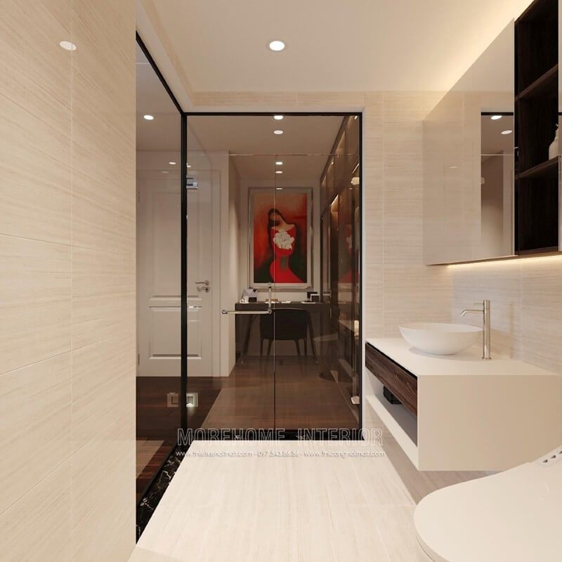 Chọn đá ốp màu trắng để làm ốp mặt tủ lavabo.