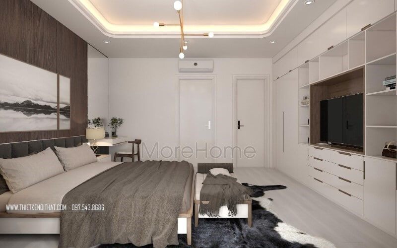 Phòng ngủ hiện đại được trang trí đẹp mắt, nhẹ nhàng với sự kết hợp của gam màu trắng trên tường và gỗ óc chó sẫm màu được ốp lên tường.