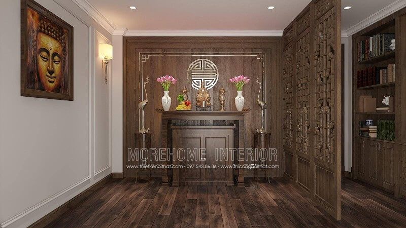 Mẫu tủ thờ gỗ tự nhiên với gam màu trầm tạo nên một cảm giác thân thiện và ấm cúng.