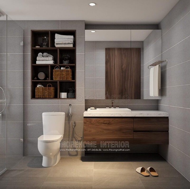 Gương hình chữ nhật đơn giản là một lựa chọn đẹp để trang trí phòng tắm vệ sinh hiện đại.