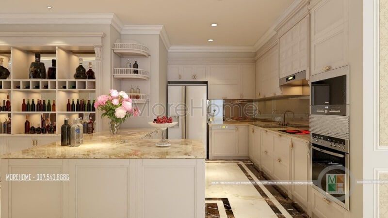 Đá nhân tạo cao cấp được chọn để tạo nên một mặt bàn bếp sạch sẽ và ấn tượng hơn.