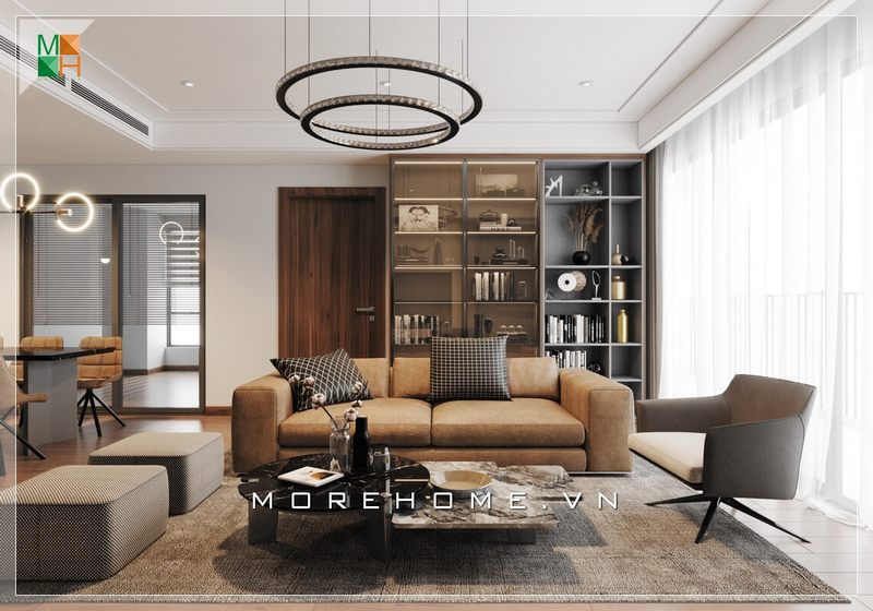 Ghế sofa văng, ghế sofa đơn và đôn sofa được pha trộn độc đáo cùng bàn trà chân kim loại mặt đá nhân tạo cao cấp, tạo nên một không gian phòng khách trẻ trung, hiện đại phù hợp với các căn hộ, nhà phố và biệt thự.